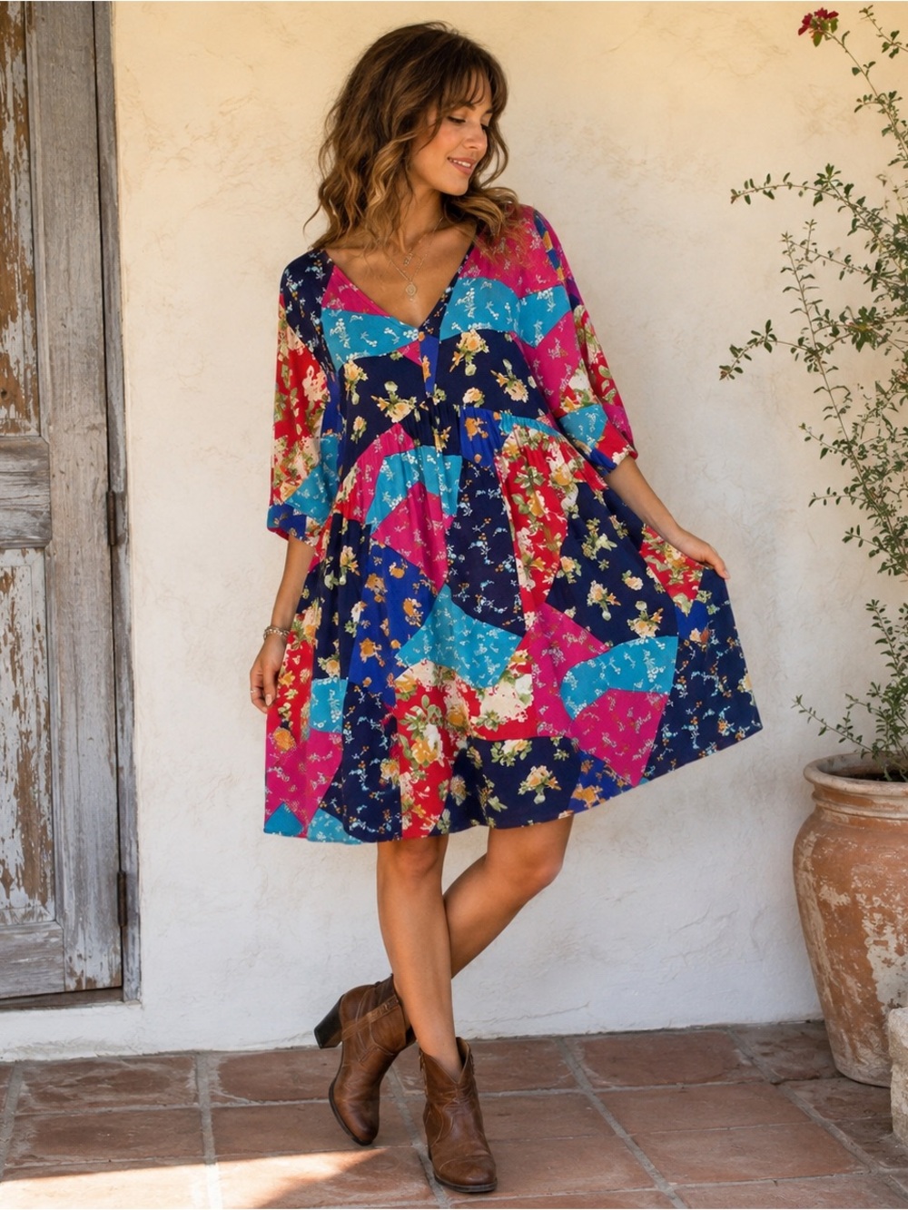 Colorful Patchwork Floral Babydoll Dress Andree by Unit Boho Artsy Tunic Mini